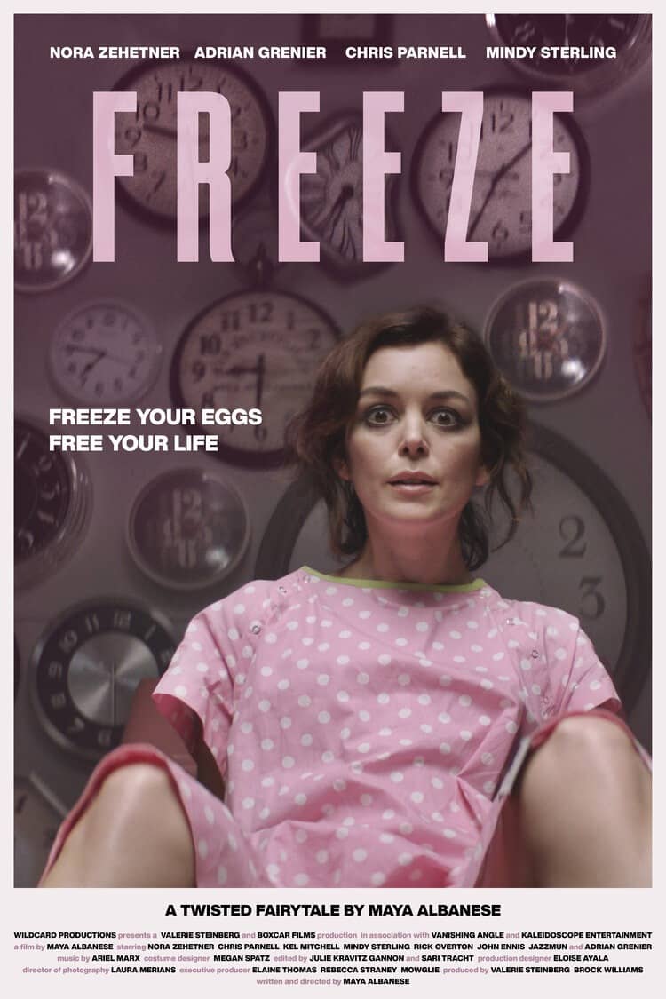 Freeze Official Movie Poster with scared woman in doctor office with text - Freeze your eggs, free your life