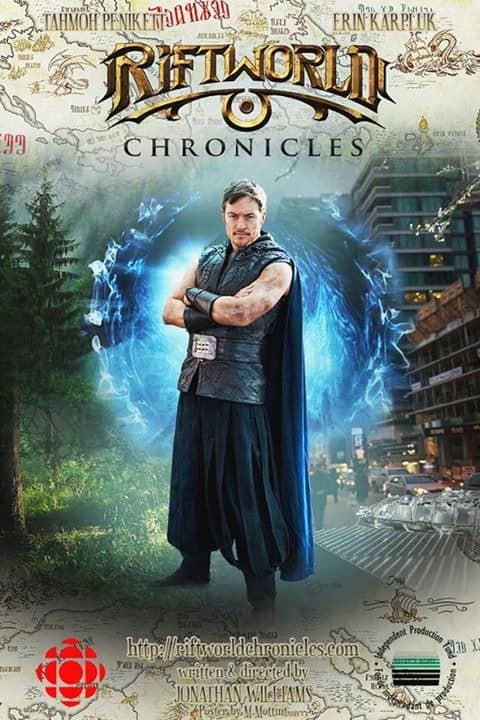 Riftworld Chronicles poster with man standing in front of teleportation type image