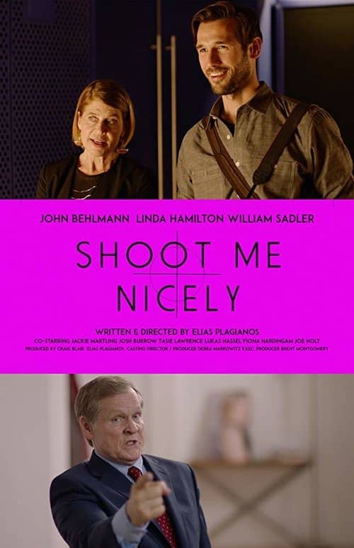 Shoot Me Nicely movie poster with man and woman talking and older man in suit pointing
